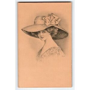 Glamour Beautiful Women In Large Oversize Victorian Hat Vintage Postcard Antique